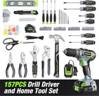 WORKPRO Home Tool Set with 20V Cordless Lithium-Ion Drill Driver, Household Repairing Tool Kit with Drill, 157PCS Power Drill Sets, 14-Inch Wide Mouth Storage Tool Bag, Green