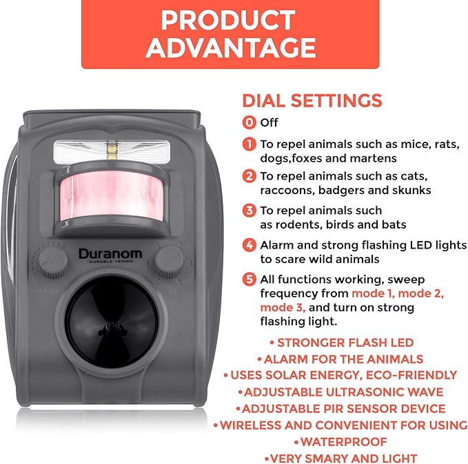 DURANOM Ultrasonic Animal Repeller – Solar Powered Outdoor Deterrent with Flashing Light & Motion Sensor – Repels Deer, Cats, Rodents, Raccoons – Animal Control for Yard & Garden