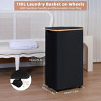 Laundry Basket with Wheels, 110L Black Clothes Hamper for Laundry, Laundry Hamper with Lid and Inner Bag, for Laundry Room, Bedroom, Dormitory Storage,Black
