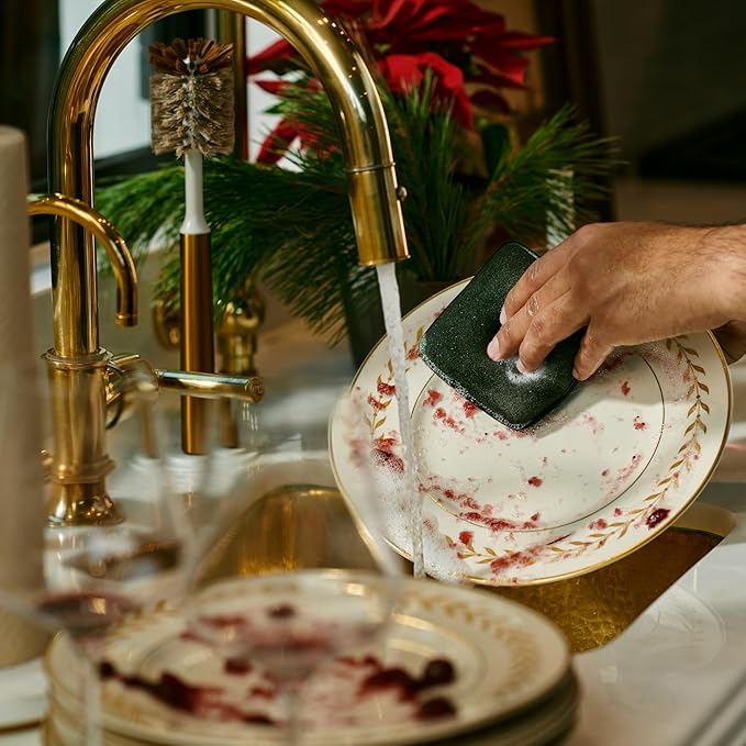 Ionic Non-Scratch Dish Sponges with Magnetized Holder, Odor Resistant Synthetic Scrub Sponges, 3 Pack, Black