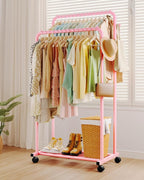 Sakugi Clothes Rack - Double Rods Clothing Rack with Mesh Shelf, Hooks & Wheels, Metal Clothing Racks for Hanging Clothes & Bags, Multifunctional Garment Rack for Laundry, Pink, 28.7" x 16.5" x 59.1"