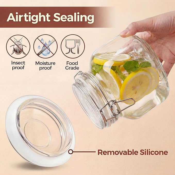 17oz - 6 Pack Square Glass Jars with Airtight Lid, Wide Mouth Mason Jars with Clamp Lids, Air Tight Glass Canisters, Best Food Storage Containers for Cereal, Pasta, Rice, Sugar, Coffee, Spice