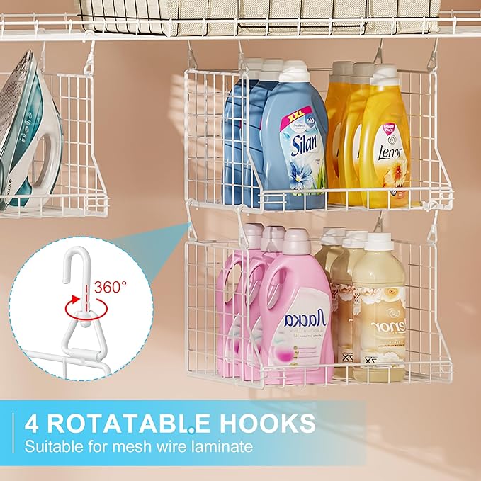 3-Tier Foldable Laundry Basket Organizer with Rotating Hooks - Space-Saving Over Washer and Dryer Shelf for Laundry Room Organization and Storage, Durable Wire Shelving Unit, White