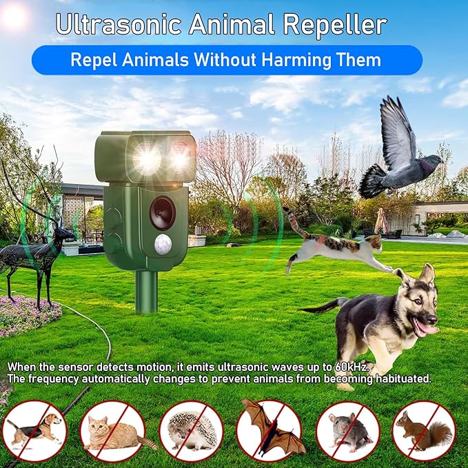 Solar Ultrasonic Animal Repeller, Outdoor Cat Deterrent with Motion Sensor, Waterproof Fox Repellent, Humane Pest Control for Dogs, Rats, Birds (1 Count (Pack of 1))
