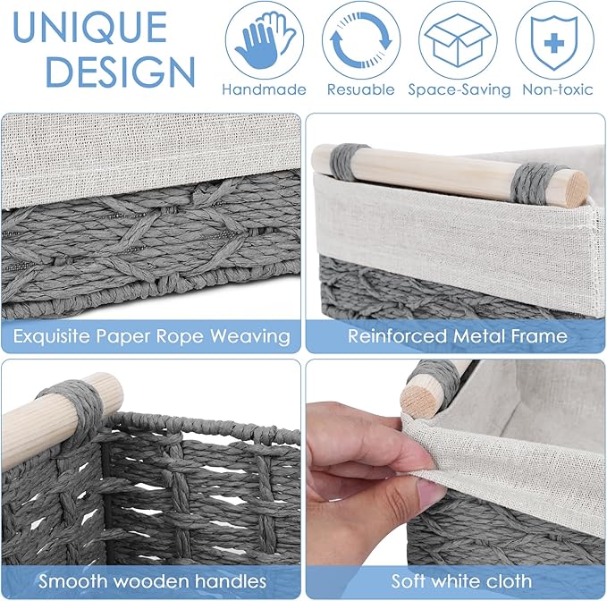 Wicker Storage Basket with Wooden Handle – Paper Rope Decorative Toilet Paper Baskets & Bathroom Organizer for Toilet Tank Top, Shelves, Bedroom, Countertop,Home,Office Storage Bins, 2 Pack,Grey