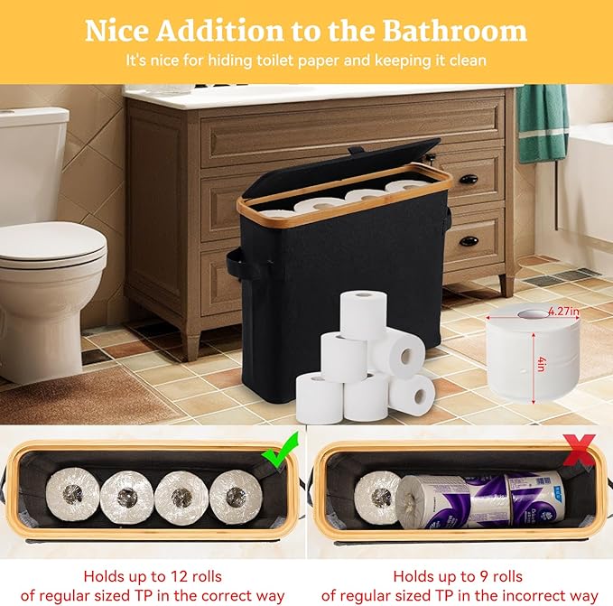 Toilet Paper Storage Basket with Lid, Bamboo Toilet Paper Storage Holder Stand Organizer for Bathroom, Toilet Paper Storage Box Container with Handle, Tissue Storage Bin for Small Place Closet, Black