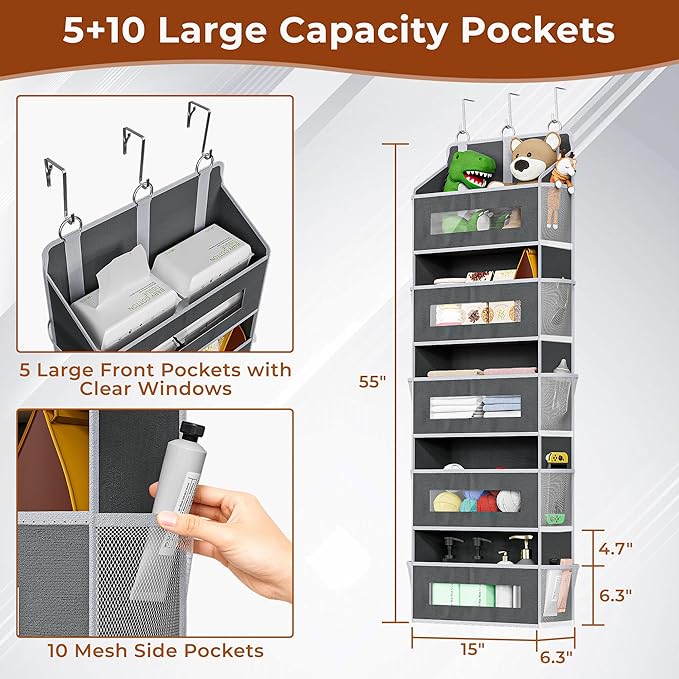 5 Tier Over The Door Organizer - Large Capacity Behind Door Hanging Shelves with 10 Mesh Pockets and Clear Windows, Closet Organizers and Storage for Bathroom, Bedroom, Nursery, Grey