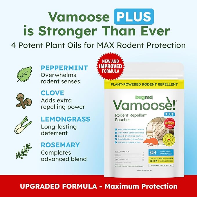BugMD Vamoose Plus Peppermint Oil Mouse Repellent Pouches | Natural Mice Repellent Indoor & Rat Deterrent for House, Garage, RV, Car & Storage | Plant-Powered Rodent Control - 4 Pack - 16 Pouches