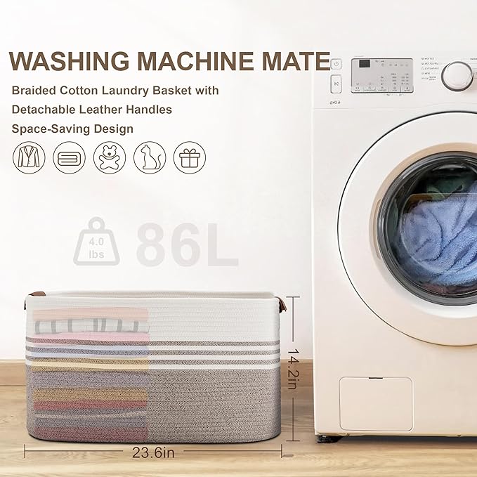 86L Extra Large Laundry Basket with Leather Handles for Living Room Storage, Woven Rope Baskets for Blanket, Kids Toy, Gifts, Wicker Hamper for Bedroom Dirty Clothes, 24"x16"x14" Dark Brown