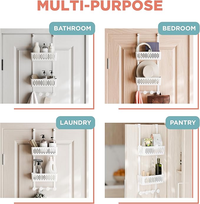Zenna Home SnugFit Over the Door Caddy Organizer with 2 Storage Baskets and 4 Hooks, Over Door Hanging Organizer for Bathroom, Kitchen, Bedroom, Closet, Easy to Install, No Drilling, White
