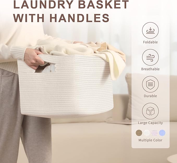 45L Small Baby Girls Laundry Basket for Nursery Storage,Cute Woven cotton Rope Baskets for Kids Toy，Gifts,Boho Square Wicker Blanket hamper for Living Room,Bedroom Dirty Clothes, White