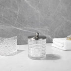 Clear transparent Apothecary Etched Geometric Grid Glass Jar W/Satin Nickel Metal Lid Cover for Bathroom Organization, Cotton Balls, Q Tips, and Small Accessories, Bathroom Storage
