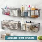 4 Set [EXTRA LARGE] Hanging Wall Mount Storage Baskets with Adhesive Hooks & Steel Hooks, Multiuse Sturdy Wire Metal Organizing Baskets for Home Kitchen Bathroom Pantry Utility Organizer, Black