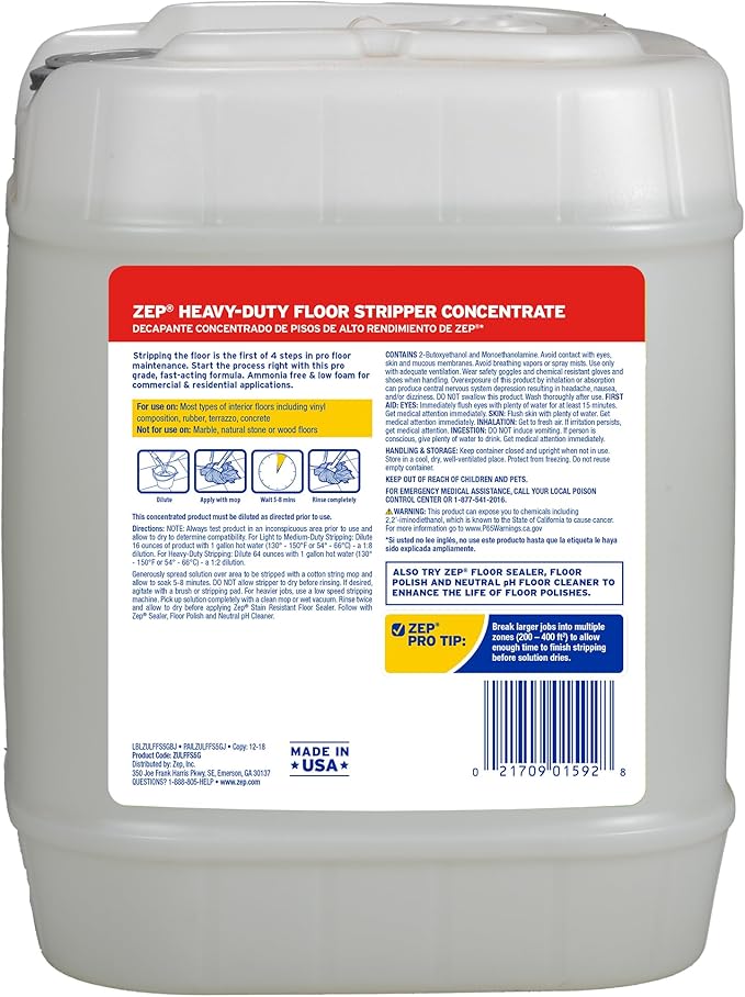 Zep Heavy-Duty Floor Stripper Ammonia Free Concentrate - 5 Gallon (1 Pail) ZULFFS5G - Dissolves and Removes Polish and Heavy Buildup from Hard Floors, Use on Vinyl (VCT), Concrete, Rubber, and No-Wax
