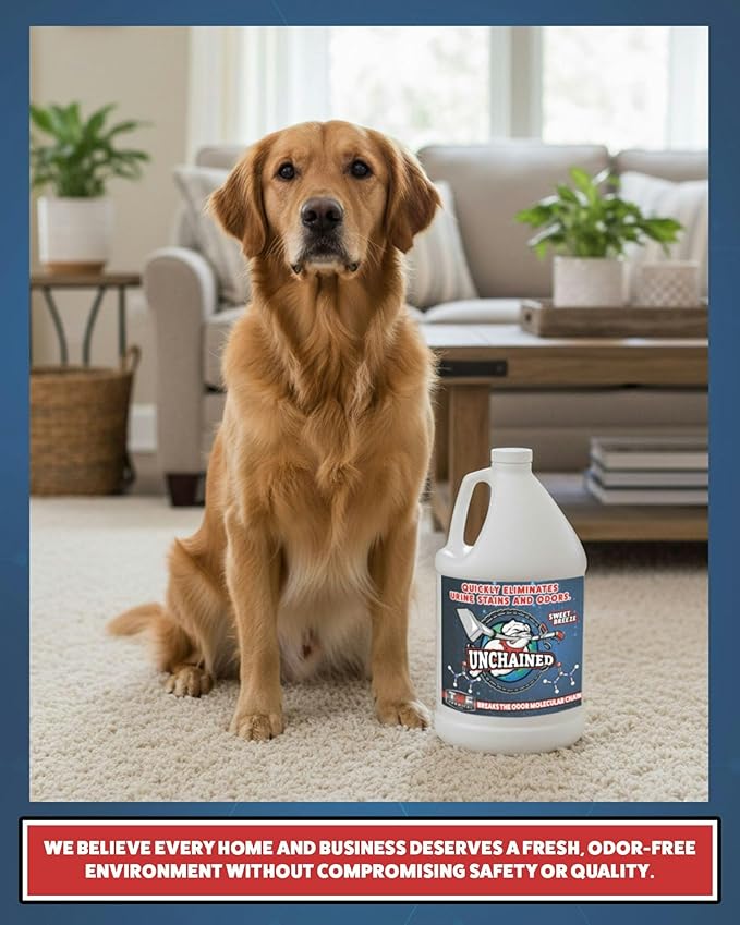 Unchained Urine Stain & Odor Remover Liquid Concentrate - Oxygen Based Odor Control Formula, Pet Smell Eliminator, Ideal for Carpets, Concrete, or Furniture, Sweet Breeze, 1 Gallon
