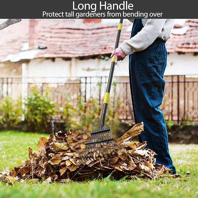 Leaf Rake, 11 Tines 9" Wide Metal Garden Rake for Leaves with 32 Gallon Leaf Bags and Scoops, Small Lawn Collapsible Yard Rakes for Camping Mulch Shrub Long Handle 30-70