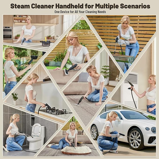 Gautye Steam Cleaner, 3-Level Adjustable Handle, 15s Heat-Up, 1.69 Quarts Tank, Portable Steamer for Cleaning with 15 pcs Accessories, Steam Cleaner for Home for Dirt, Grease, Grout, Tile,Floor, Car