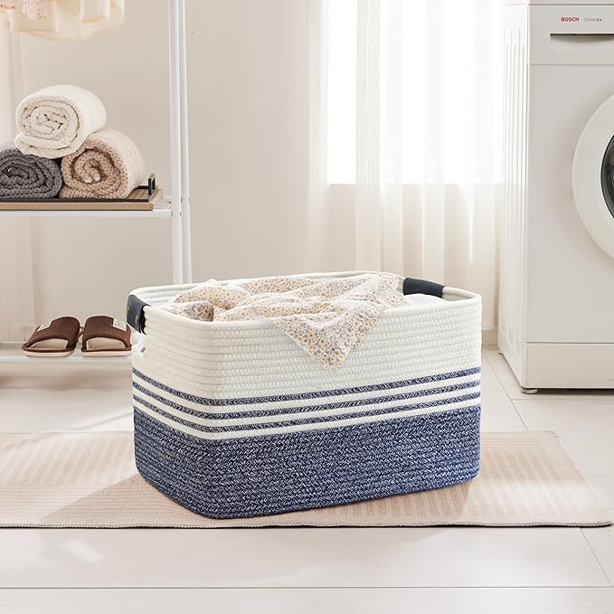 72L Large Laundry Basket with Leather Handles for Living Room Storage, Woven Rope Baskets Bin for Blanket, Kids Toy, Gifts, Wicker Hamper for Bedroom Dirty Clothes, 22"x17"x12" Denim Blue