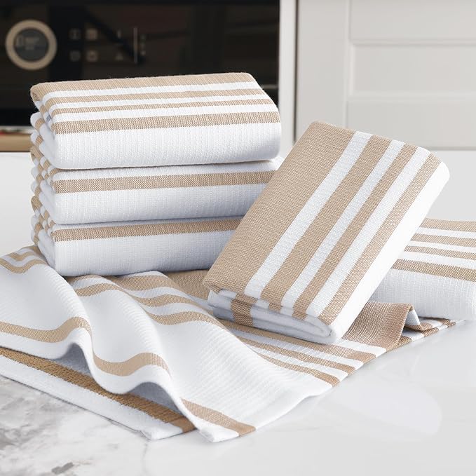Homaxy Premium Kitchen Towels 18”x 28”, Large Cotton 380 GSM Kitchen Hand Towels, Stripe and Terry Dish Towel, Highly Absorbent Tea Towel Set with Hanging Loop, 6 Pack, Khaki