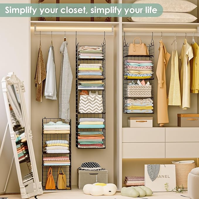 6-Tier Closet Hanging Organizer Shelves, Hanging Closet Organizer and Storage Bin with Adjustable Dividers, Metal & Foldable Closet Hanging Organizers and Storage for Clothes Sweaters Shoes Handbags