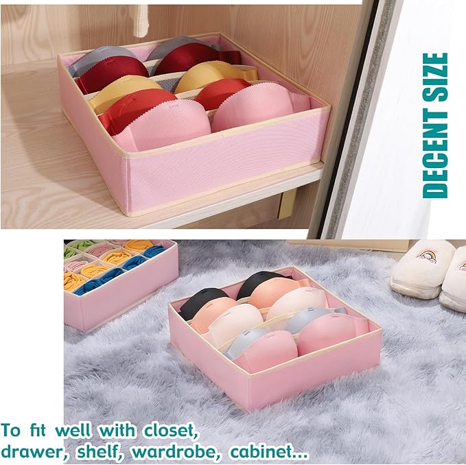 Bra Storage Drawers Organizer for Clothing Underwear Drawer Organizer Dividers Foldable Storage Cube Bins for Bra,Socks, Underwear,3 Pack （Pink）