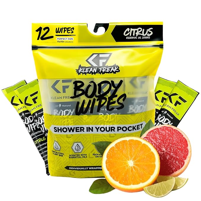 The Klean Freak Body Wipes - 12 count Individually Wrapped | Showerless Body Wipe for Women & Men | Sustainable Bodywipes for Gym, Travel, Camping | Citrus