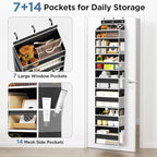 Mefirt Over The Door Organizer, 7 Tier Door Hanging Organizers with 7 Large Pockets 12 Side Pockets, Behind Door Storage Hanging Shelves for Closet Bathroom Bedroom Nursery