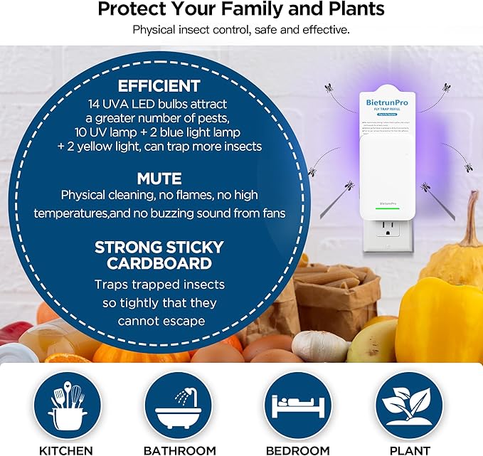 Fly Traps Indoors(2 Device+10 Refills), Gnat Traps for House Indoor, 3-in-1 UV/Blue/Yellow Light Plug-in Flying Insect Catcher Bug Zapper, Fruit Fly Killer, NAT Killer, Get Rid of Gnat Infestation