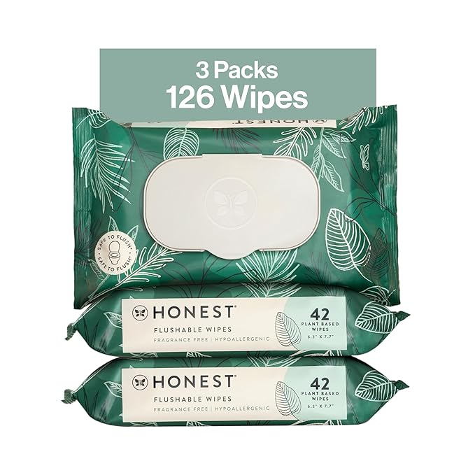 The Honest Company Flushable Wipes for Sensitive Skin Fragrance-Free Hypoallergenic pH-Balanced Feminine 99% Water Safe-to-Flush Tropical Leaves 126 Count