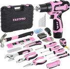 FASTPRO 160-Piece Pink Tool Set with 12V Cordless Lithium-ion Drill Driver, Lady's Home Repairing Tool Kit with Drill in Storage Case, For DIY, Home Maintenance