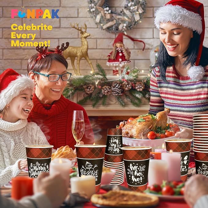 Disposable Coffee Cups with Lids for 24 Guests 16 oz, Christmas Buffalo Plaid Hot Cups for Coffee/Tea/Water/Juice, Xmas Premium Party Tableware Sets for Holiday, Winter, School, Family