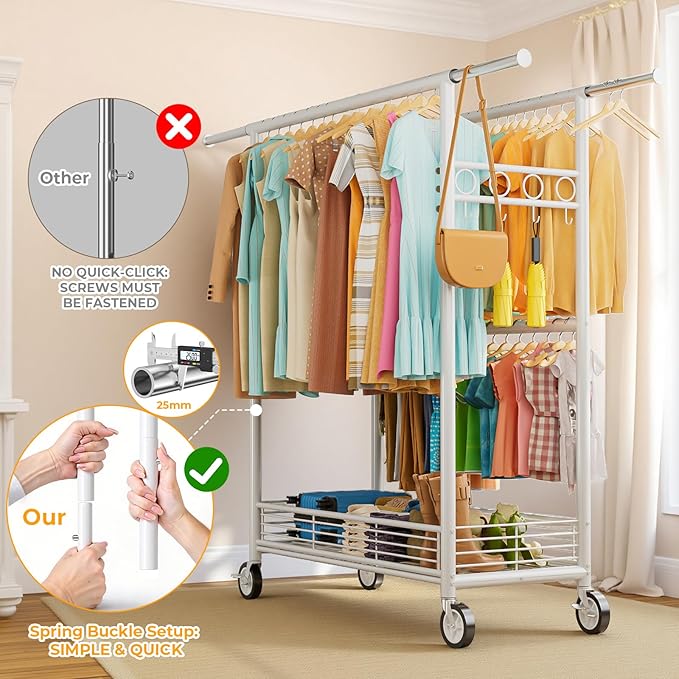 Heavy Duty Clothes Rack Load 960LBS, Three Rods Rolling Clothing Racks for Hanging Clothes, Rolling Garment Rack With Sturdy Wheels Shelves Hooks, Portable & Adjustable Commercial Garment Rack, White
