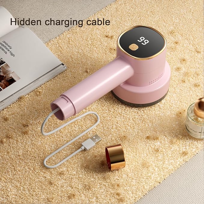 Fabric Shaver, Rechargeable Electric Lint Remover with LED Display, Lint Shaver, 6-Blade, 3-Speed Defuzzer Remove Fuzz, Pills for Clothes, Upholstery, Furniture, Pink