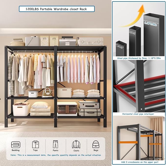 Heavy Duty Covered Clothes Rack with Magnetic Door Foldable Portable Wardrobe Closet for Hanging Clothing Rolling Black Metal Garment Rack on Wheels Closet System (Gray, 74.7in)