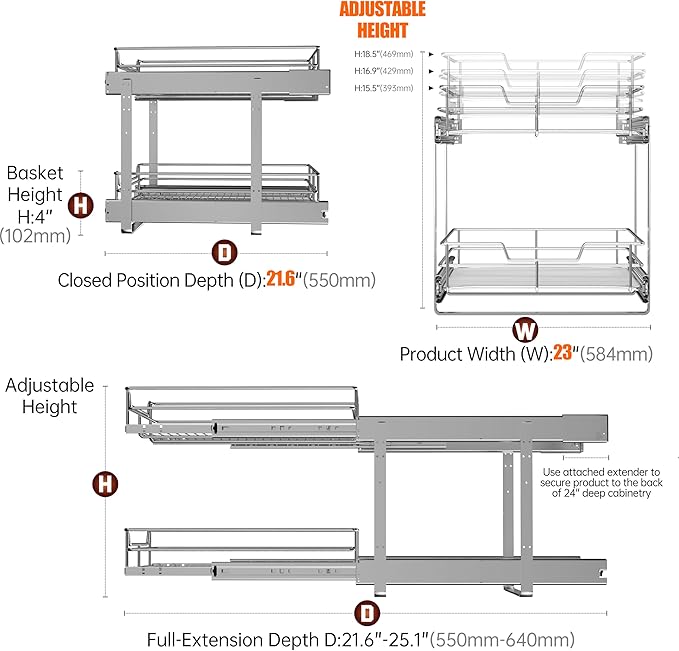 (23" W x 22" D Cabinet Pull Out Shelves, 2-Tier | Heavy Duty Kitchen Pull Out Shelves for Wide Cabinets, 22 Inch Deep Sliding Cabinet Organizer