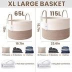 JMvicyroam 65L Extra Large Blanket Basket for Living Room - Woven Cotton Rope Laundry Hamper with Reinforced Handles - Storage Bin for Pillows, Comforters & Toys - Machine Washable,White&Brown