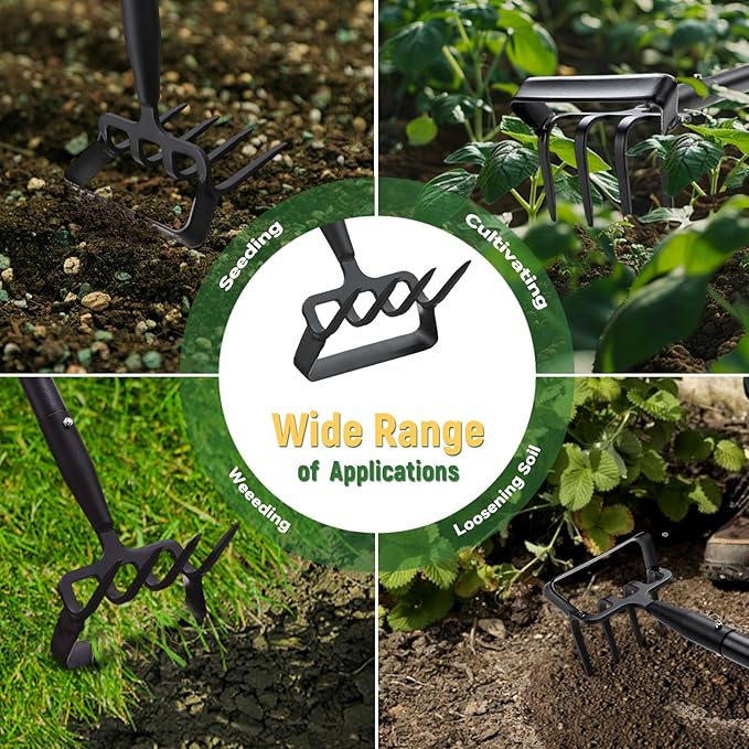 Stirrup Hoe, Heavy Duty Hula Hoe with 32-62" Adjustable Long Handle, 2 in 1 Action Hoe with Cultivator Rake, Scuffle Hoe, Hula Hoe Garden Tool for Weeding Grass, Loosening Soil, Sharp Blade, Black