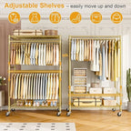 ULIFHOME P4 Plus Rolling Clothes Rack Heavy Duty, Clothing Racks for Hanging Clothes, Free Standing Garment Racks with Wheels, Portable Closet Rack 45'' W × 20.5'' D × 80.5'' H, Max Load 570 Lbs, Gold