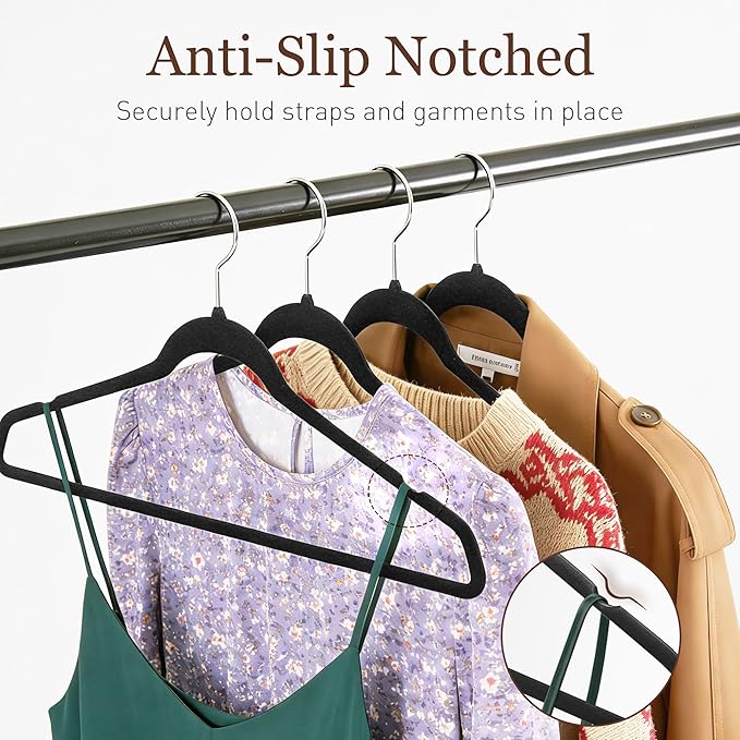 Velvet Hangers 30 Pack, Slim Non-Slip Clothes Hangers Space-Saving for Closet, Heavy Duty for Pants, Coats, Skirts, Jeans, Sweaters and More, Nylon-Flocked, Black