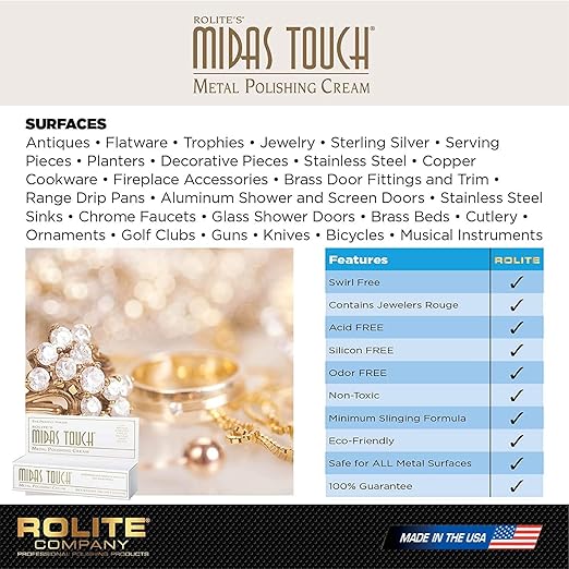 Rolite Midas Touch Metal Polishing Cream 2 Pack 4.5 Oz Each for Silver Gold Brass Copper Chrome Non-toxic Jewelry Restoration