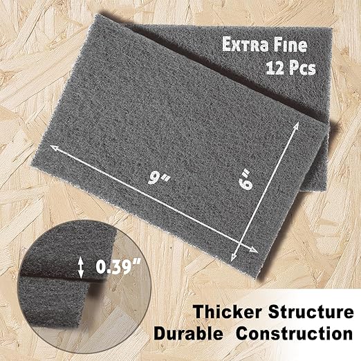 12-Pack 6"x9" Non-Woven Scuff Pads - Gray P800 - Aluminum Oxide Abrasive for Scouring, Sanding, Paint Primer Prep - Automotive, Auto Body, Woodworking, Surface Preparation (Gray)