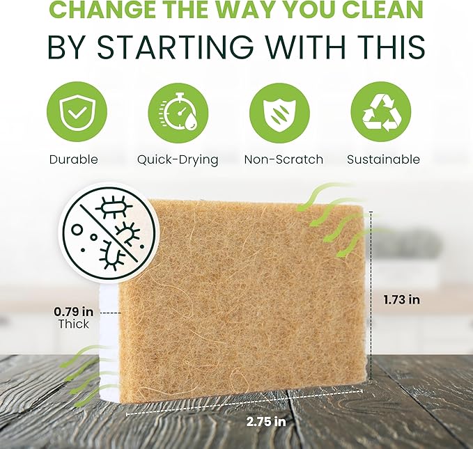 Tieralia Natural Dish Sponge Set – 6-Pack Eco-Friendly & Compostable Scrubbers | Cellulose & Sisal | Non-Toxic, Odor-Free, Reusable Kitchen Sponges for Dishes, Sink, Pots & Pans