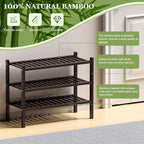 ROMGUAR CRAFT 3 Tier (Thick) Bamboo Shoe Rack for Closet Free Standing Wood Shoe Shelf for Entryway Small Space Stackable 27"x12"x21" (Black Brown)