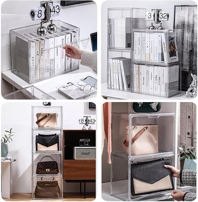 Clear Stackable Plastic Storage Bins with Magnetic Lid, Dustproof Book & Cosmetic Display Cases, Large Figures Collectibles Showcase, Shoe Box, Protection Organizer (L, Count, 5)