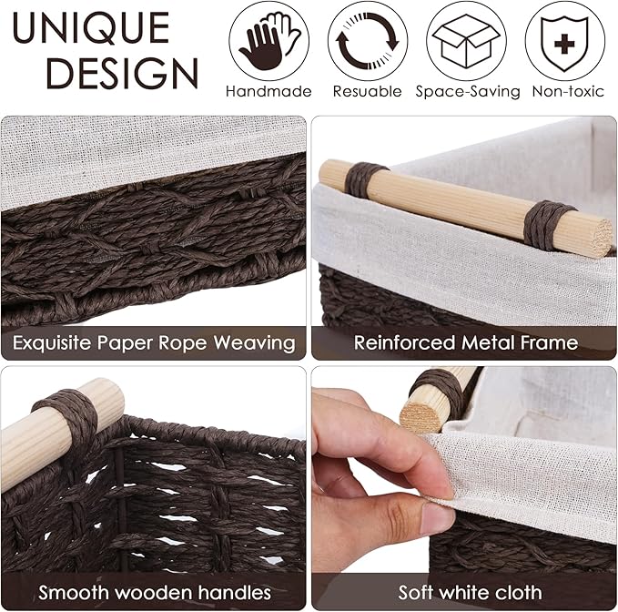 Wicker Storage Basket with Wooden Handle – Paper Rope Decorative Toilet Paper Baskets & Bathroom Organizer for Toilet Tank Top, Shelves, Bedroom, Countertop,Home,Office Storage Bins, 2 Pack,Brown