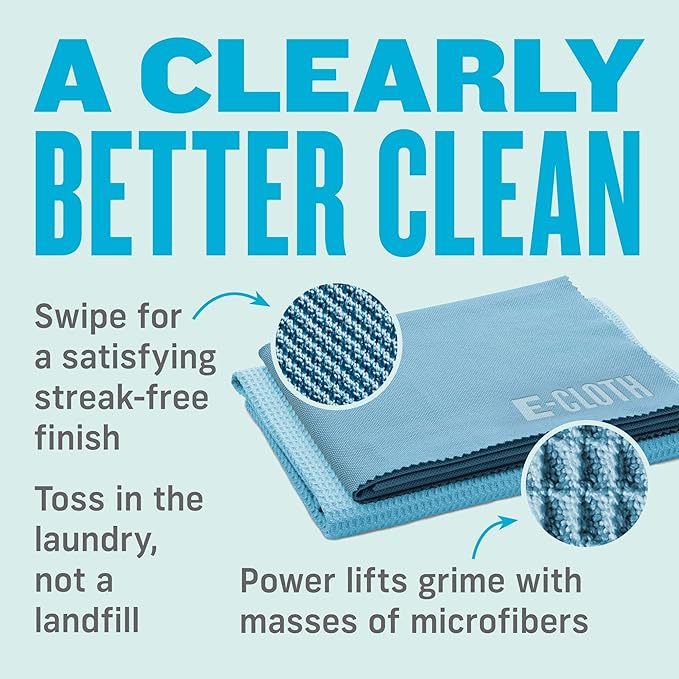 E-Cloth Microfiber Window Cleaning Cloth Kit - Glass Cleaning Cloth for Windows, Mirrors, Cars, Lenses, Eyeglasses, & More, Streak Free Clean, Machine Washable Reusable Towel - Alaskan Blue