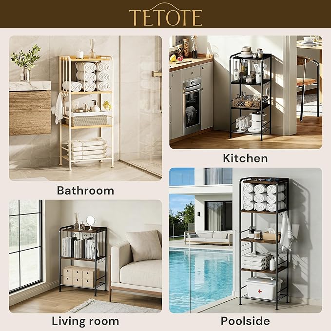 TETOTE 5-Tier Bathroom Towel Rack Metal Towel Storage Organizer M-Shaped Detachable Dividers Towel Holder for Pool, Laundry, White