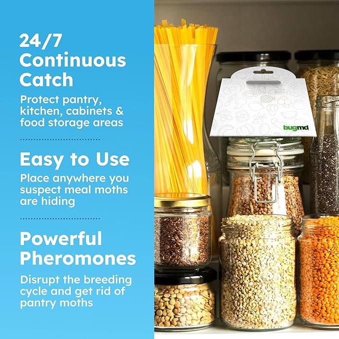 BugMD Pantry Moth Traps (12-Pack) – Pheromone-Based Sticky Glue Traps, Non-Toxic, Kills Indian Meal Moths – Kitchen & Food-Storage Safe - White