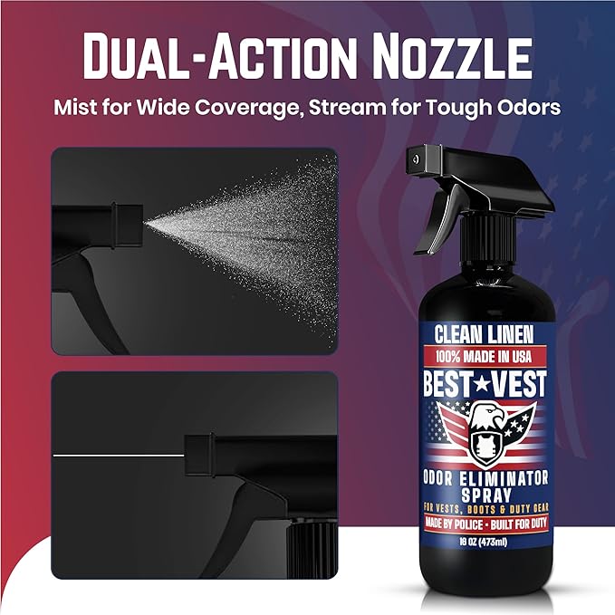 Odor Eliminator Spray for Tactical Gear Vest Carriers Boots and Uniforms Clean Linen Scent 16 fl oz Single Bottle Non Toxic Made in USA