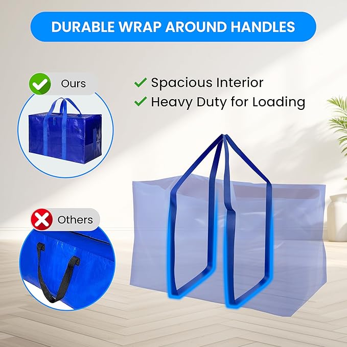 Simple Deluxe 4 Pack Moving Bags, Heavy Duty Storage Totes with Lids, Sturdy Handles& Zipper, Moving Boxes Alternative, Extra Large, for Clothes Packing, Moving Supplies, Blue